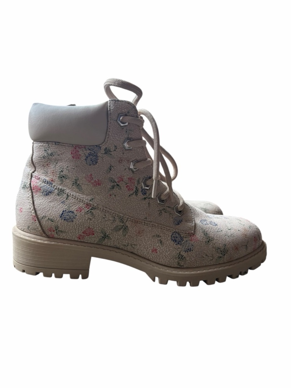Women’s Cottagecore Beige Floral Lace-Up Ankle Boots Sz 7m